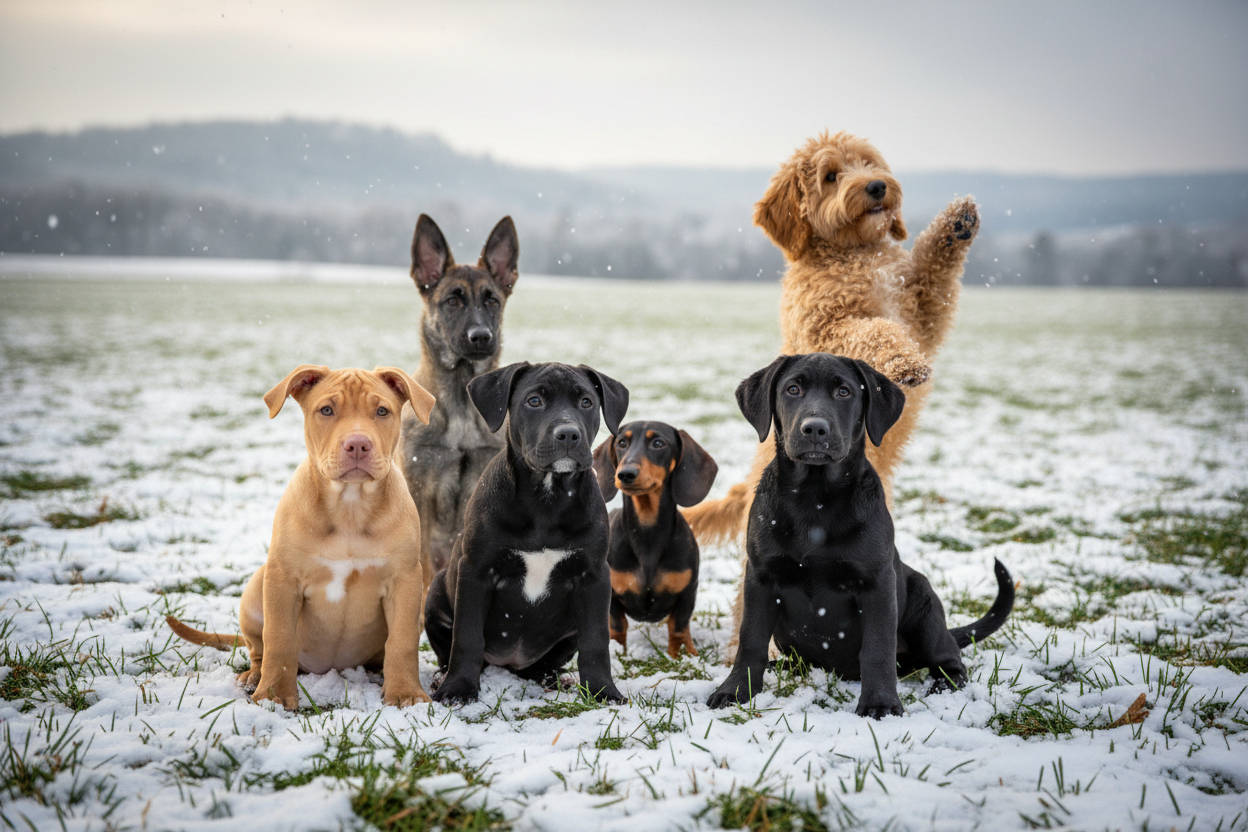 one fawn pitbill puppy sitting, one black pitbull puppy sitting, one black lab puppy sitting, one dutch shepherd puppy standing, one dachshund puppy standing, one golden doodle puppy standing in a field with grass and snow falling lightly